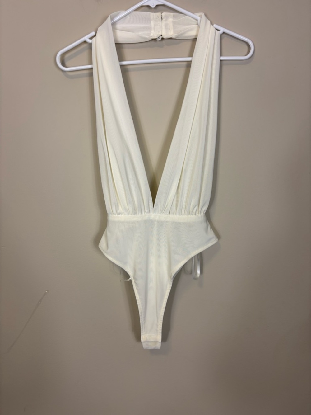 MISHA COLLECTION White Plunge V Sheer Halter Thong Bodysuit Small